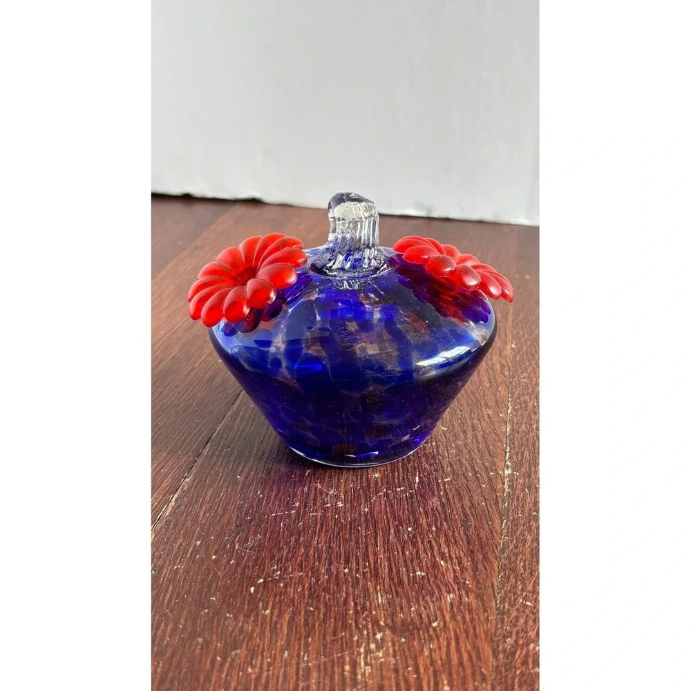 Hand Blown Glass Hummingbird Feeder Cobalt Blue Confetti Red Flower Port Hanging